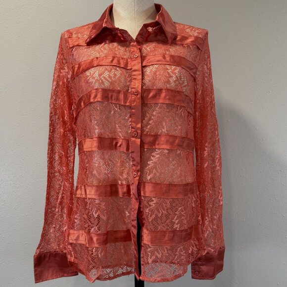 BKE Boutique Tops - BKE Boutique Sheer Blouse Womens Sz Medium Stripe Lace Long Sleeve Coral Orange